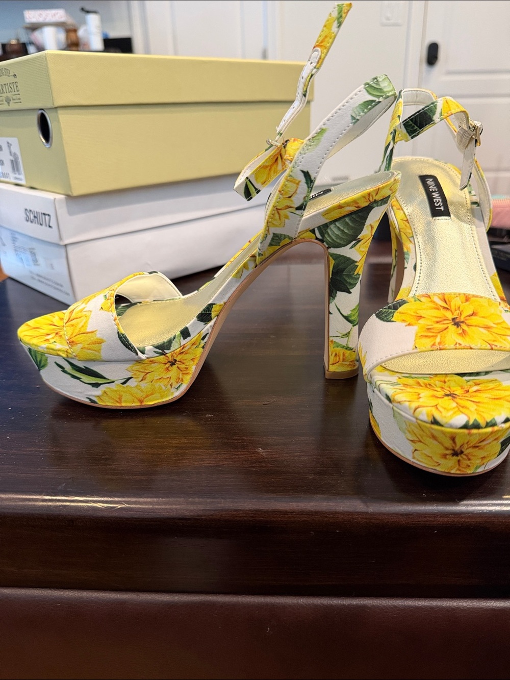 Nine West Yellow Floral Platform Heels